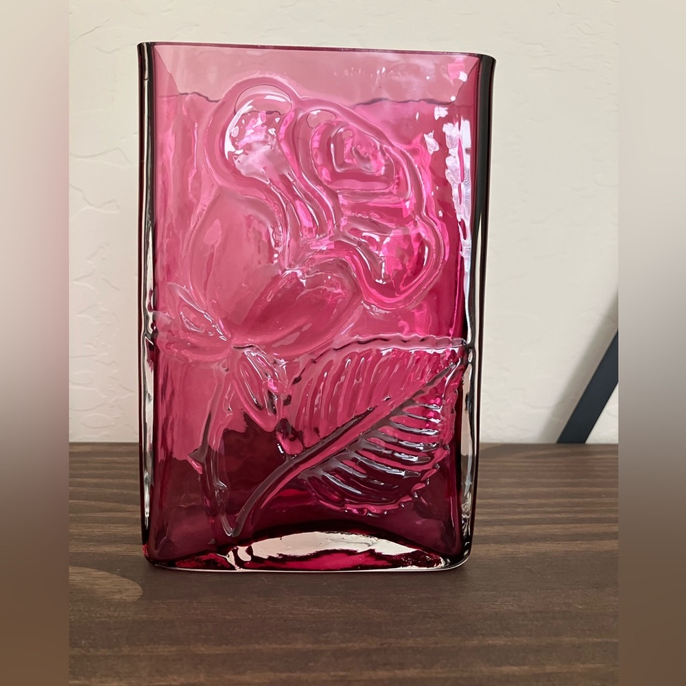 Vintage Pilgrim Glass Cranberry Red Embossed Rose Square Vase.